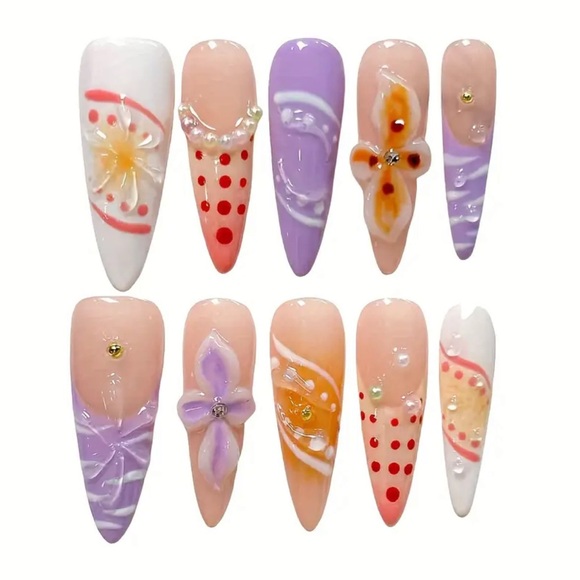 Colorful Handmade Press On Nail Art Set with Floral Designs Long Length 3D NWT - Picture 5 of 10
